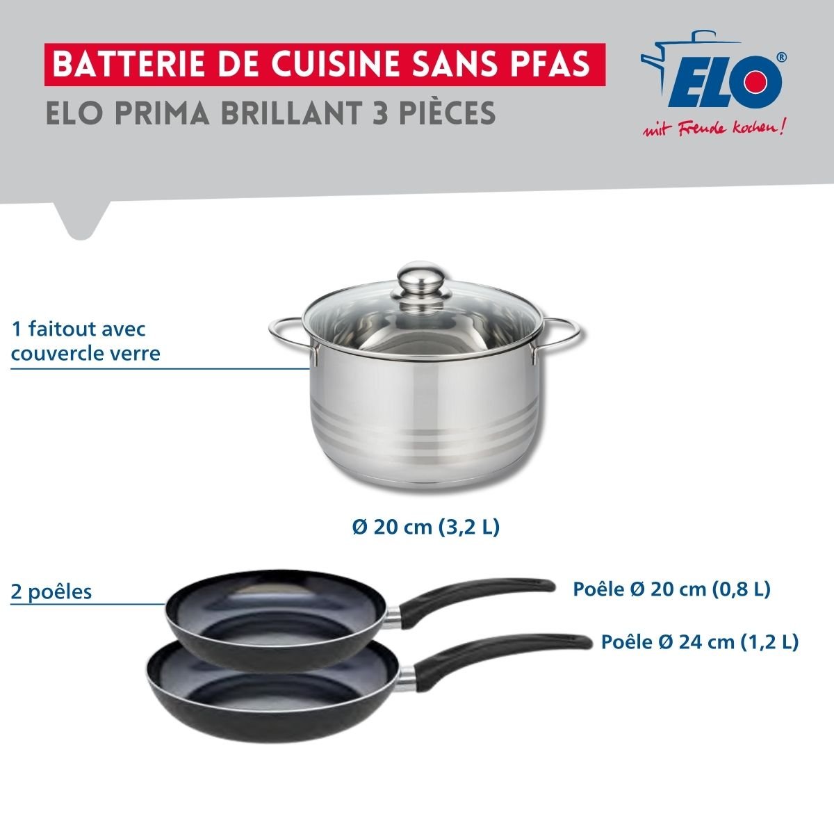 Batterie 2 poêles 20/24cm + 1 faitout 20cm PRIMA BRILLANT noir, ELO
