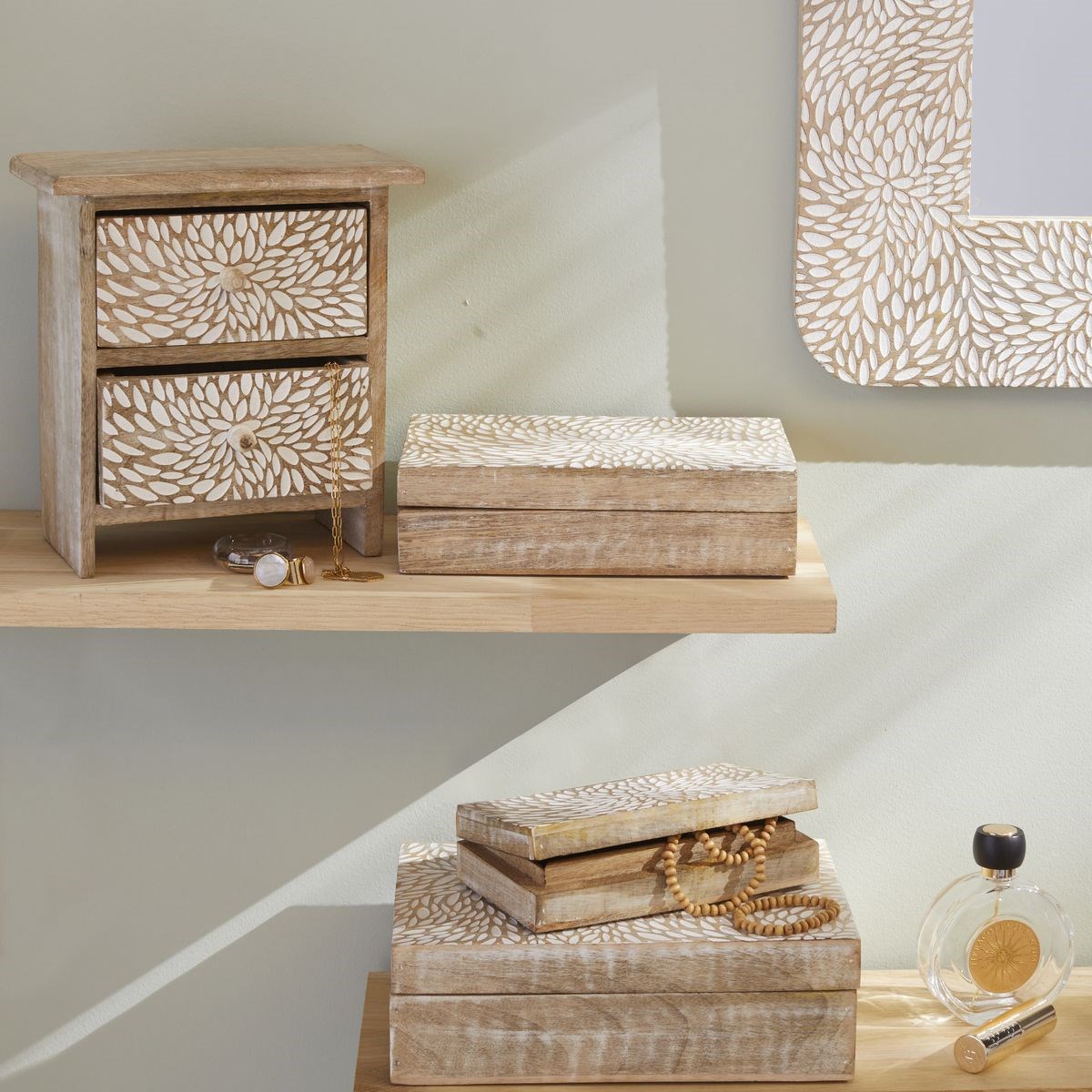 Rangement à tiroirs motif devant bois MANGO WOOD beige, FACTORY