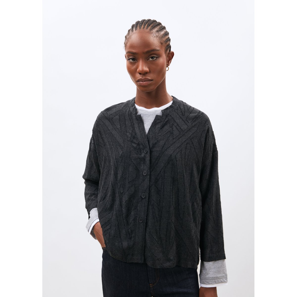 Chemise manches 3/4 en flanelle jacquard anthracite, HUMILITY