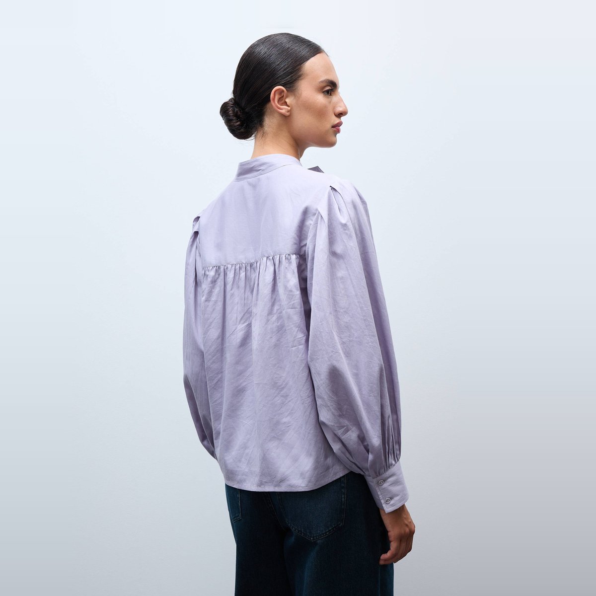 Chemise unie avec manches longues bouffantes et col officier en BIO GOTS oursin, MONOPRIX