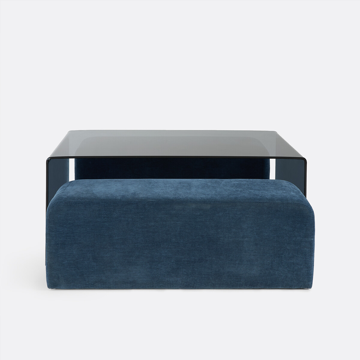 Table basse, plateau en verre trempé, et ses 2 bancs, JOAN bleu, LA REDOUTE INTERIEURS