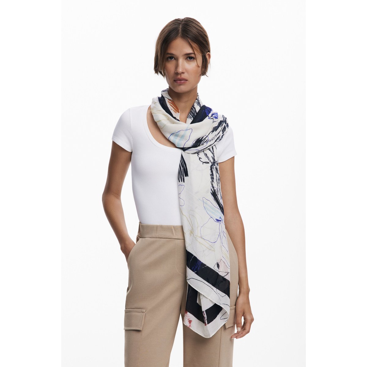 Foulard rectangulaire à motifs blanc, DESIGUAL