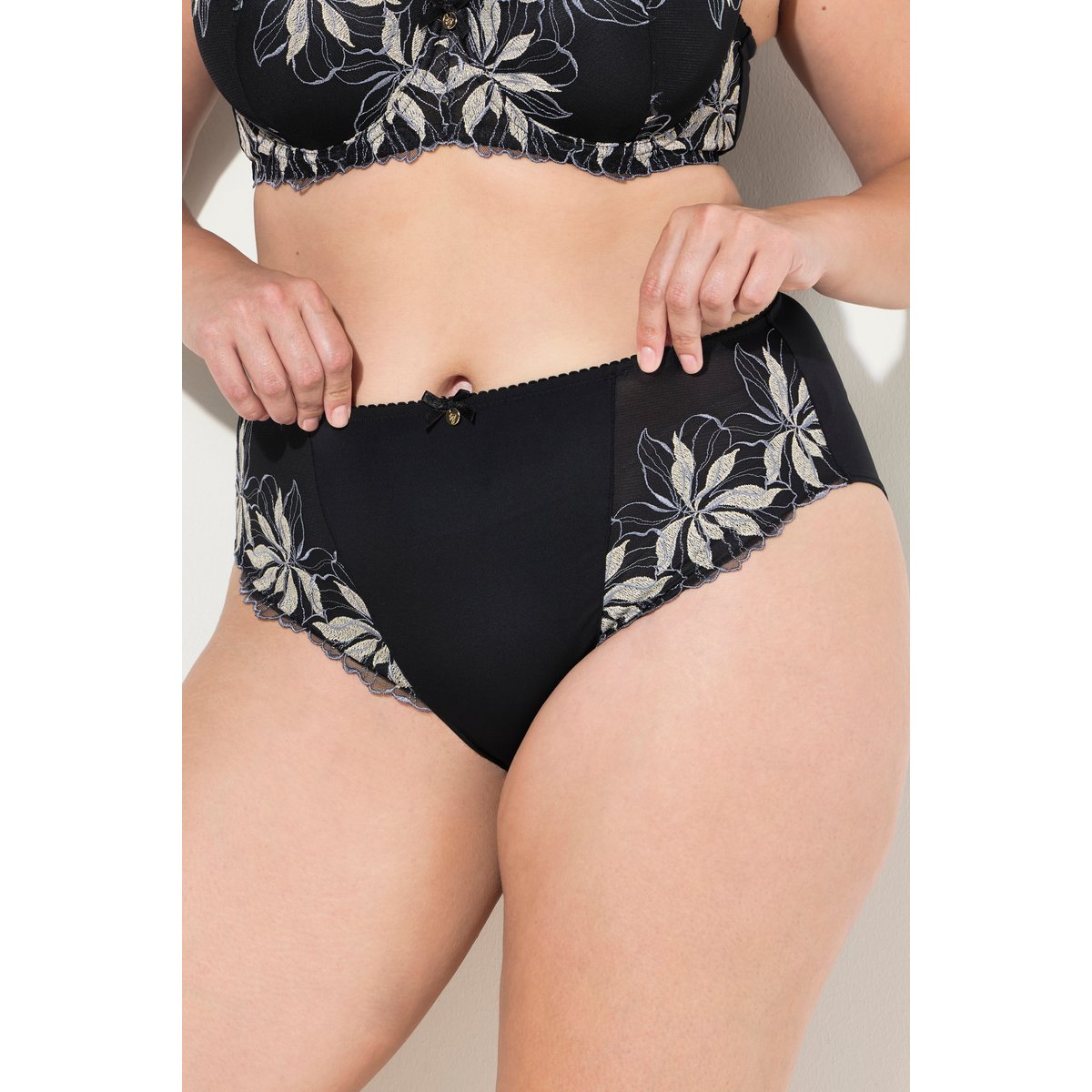 Culotte midi, broderie florale, microfibre noir, ULLA POPKEN