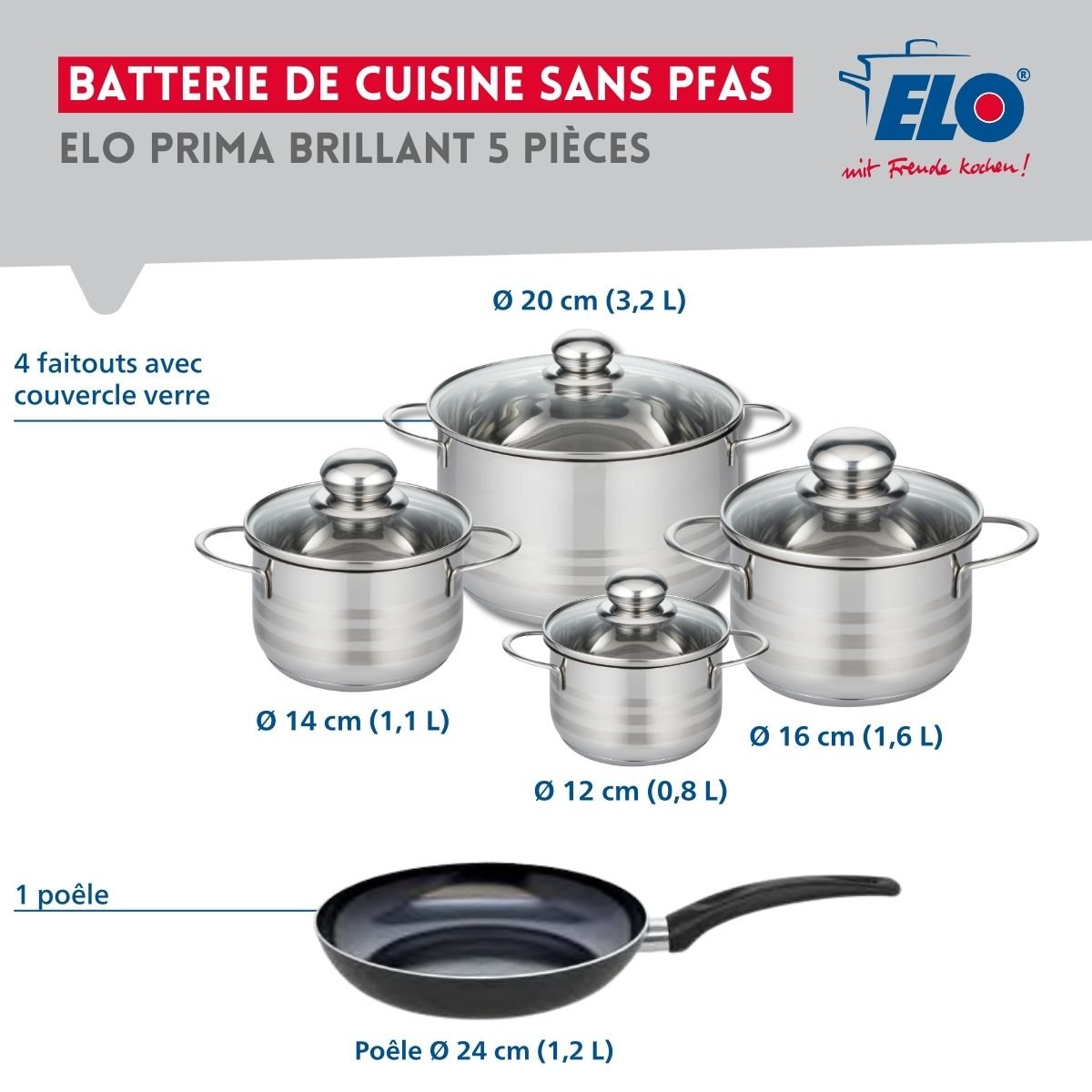 Batterie 1 poêle 24cm + 4 faitouts 12/14/16/20cm PRIMA BRILLANT noir, ELO