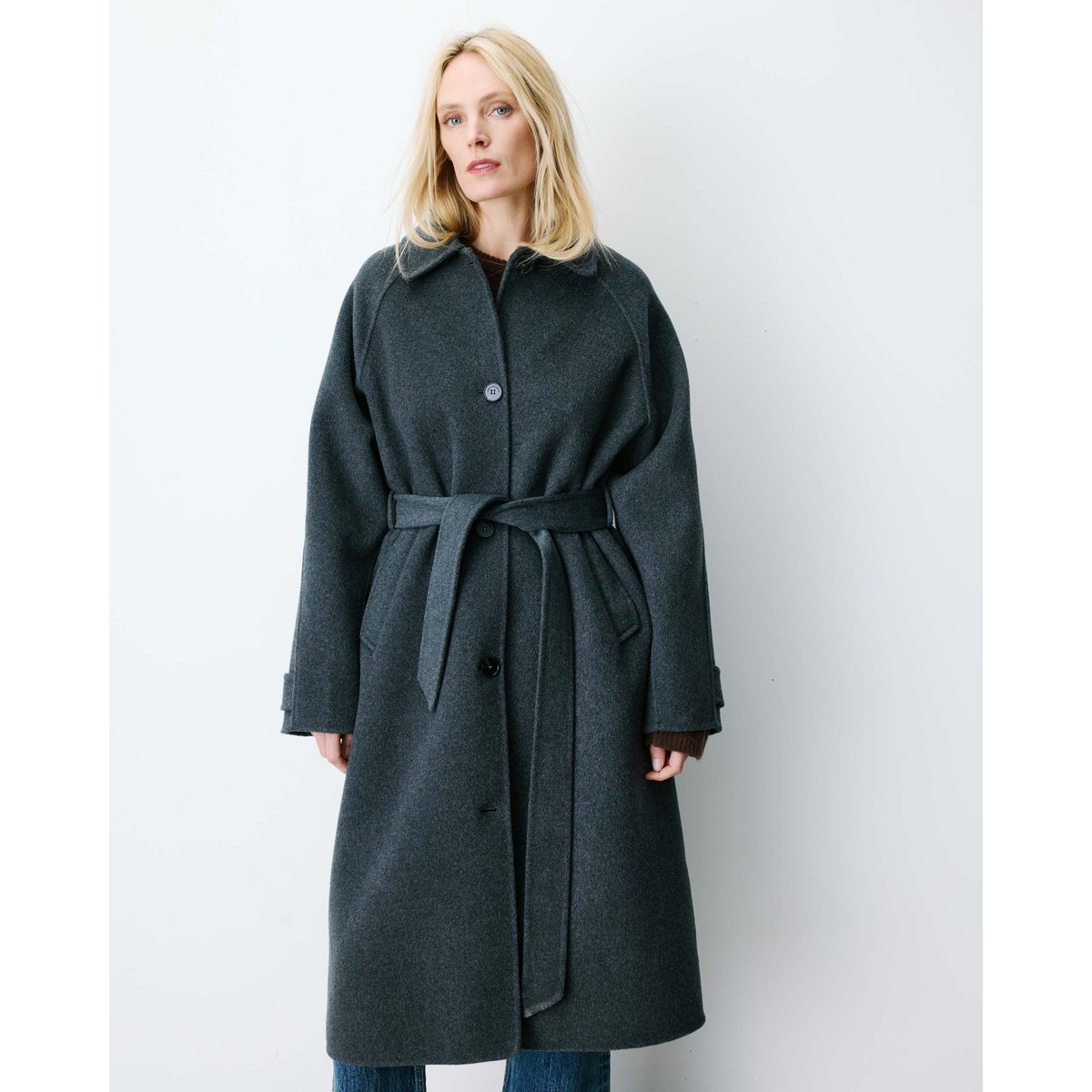 Manteau long en laine mélangée ceinturé sable Adam anthracite, GRACE & MILA