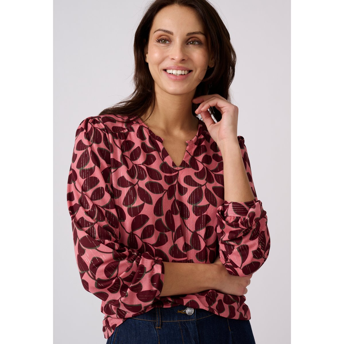 T-shirt maille crêpe stretch fil brillant rose feuillage, DAMART