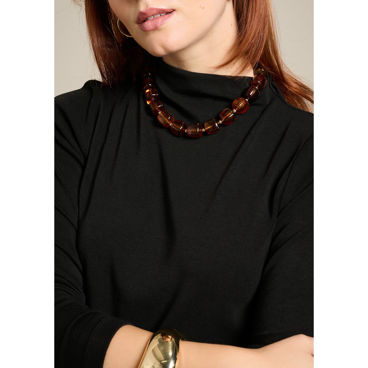 T-shirt col montant manches longues noir, LOLALIZA