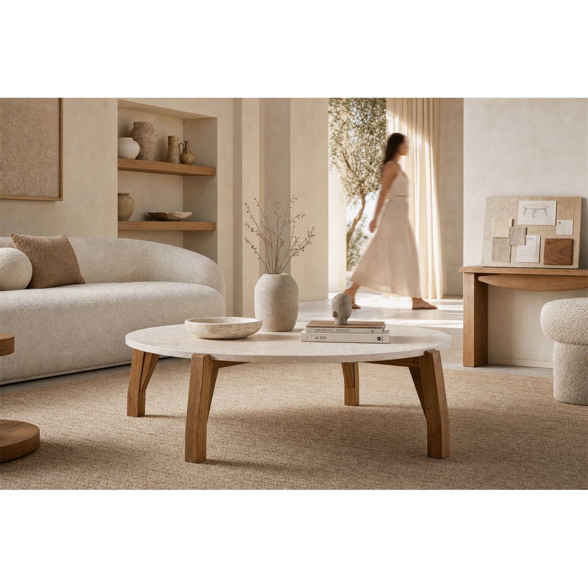 Table basse ronde en travertin et teck naturel et crème, RECOLLECTION