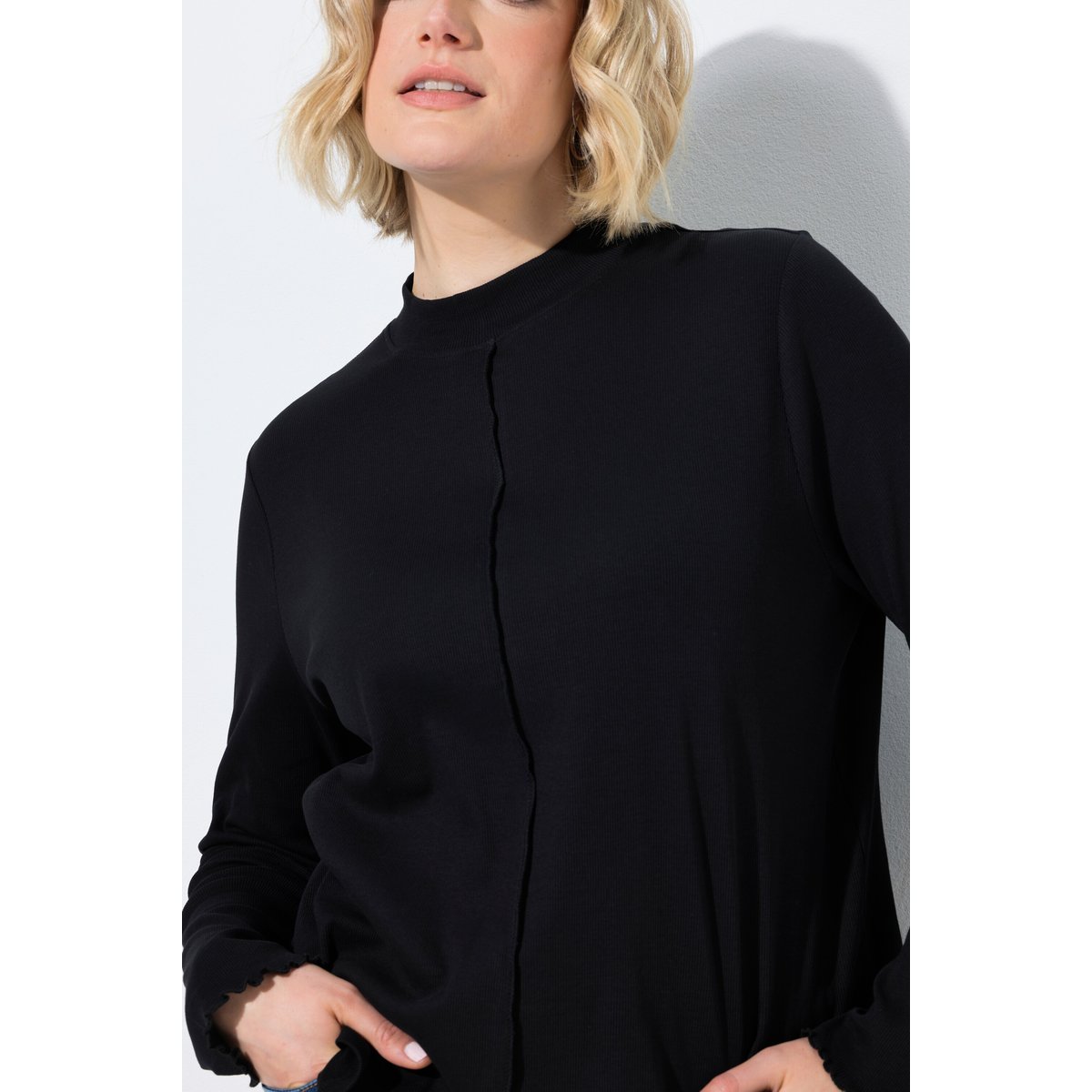 T-shirt en jersey côtelé, col montant noir, ULLA POPKEN