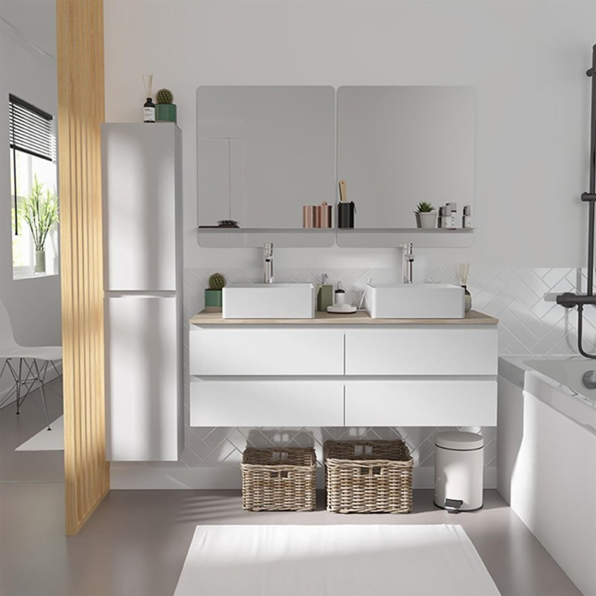 Ensemble meuble double vasque suspendu avec colonne 120cm SORRENTO blanc brillant, MOB IN