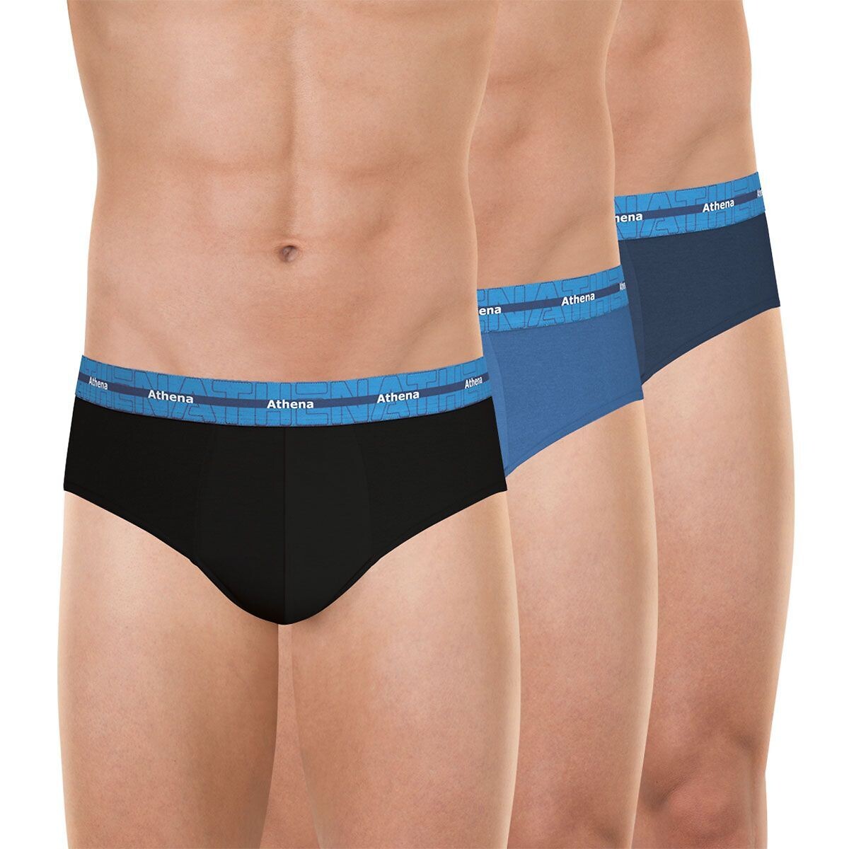 Lot de 3 slips, coton stretch noir + bleu + gris, ATHENA