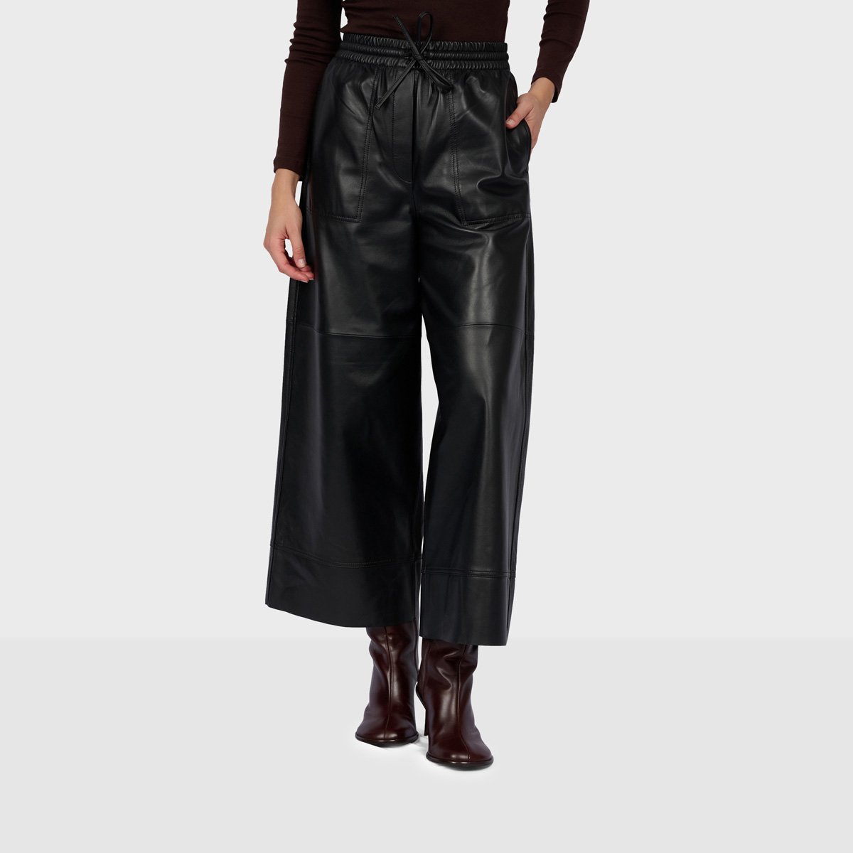Pantalon large en cuir à taille élastiquée TROPHEE noir, OAKWOOD
