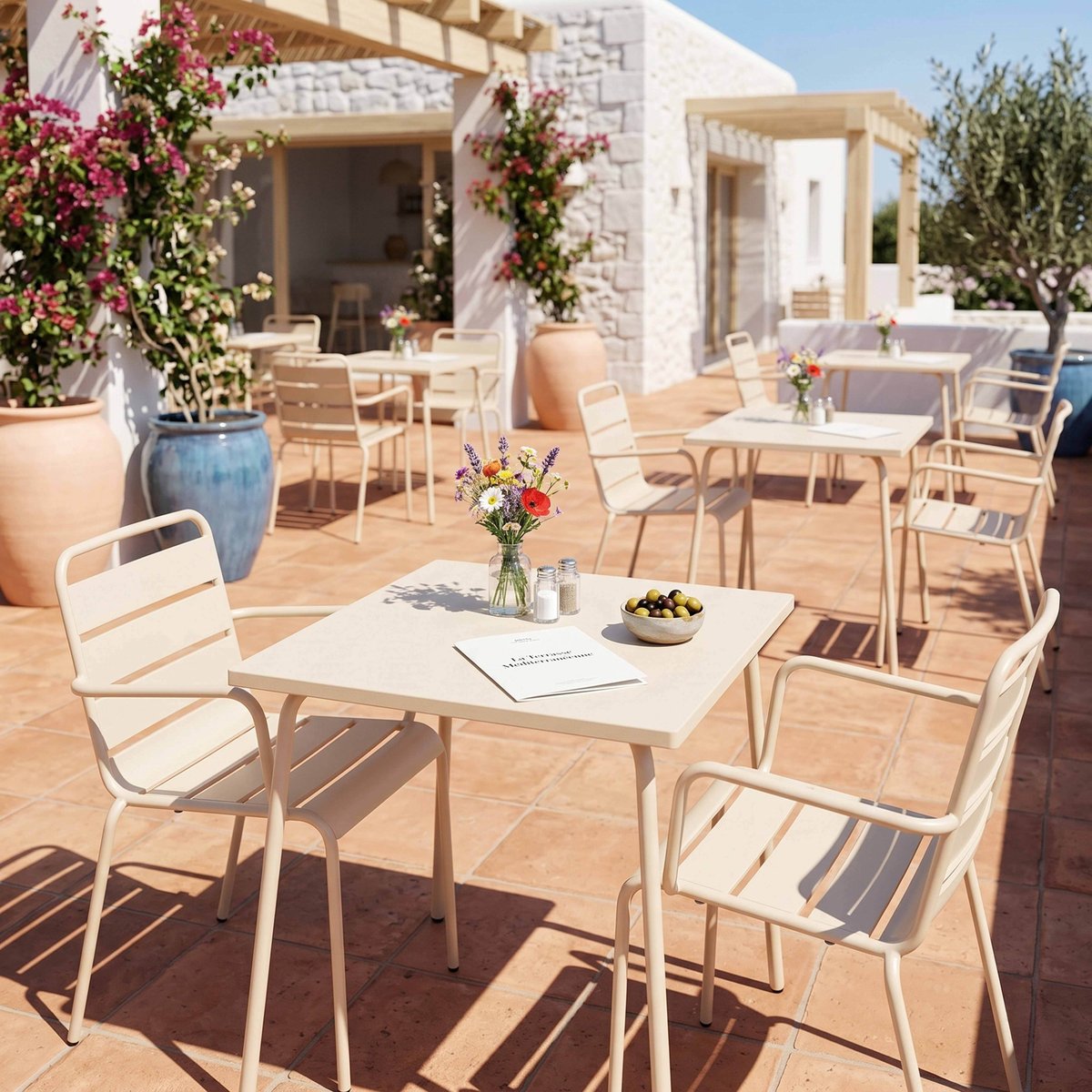 Salon de jardin table bistrot et 2 fauteuils en métal, PALAVAS ivoire, OVIALA