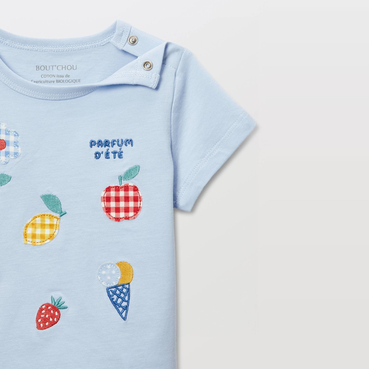 T-shirt manches courtes brodé en coton BIO GOTS celeste, BOUT'CHOU