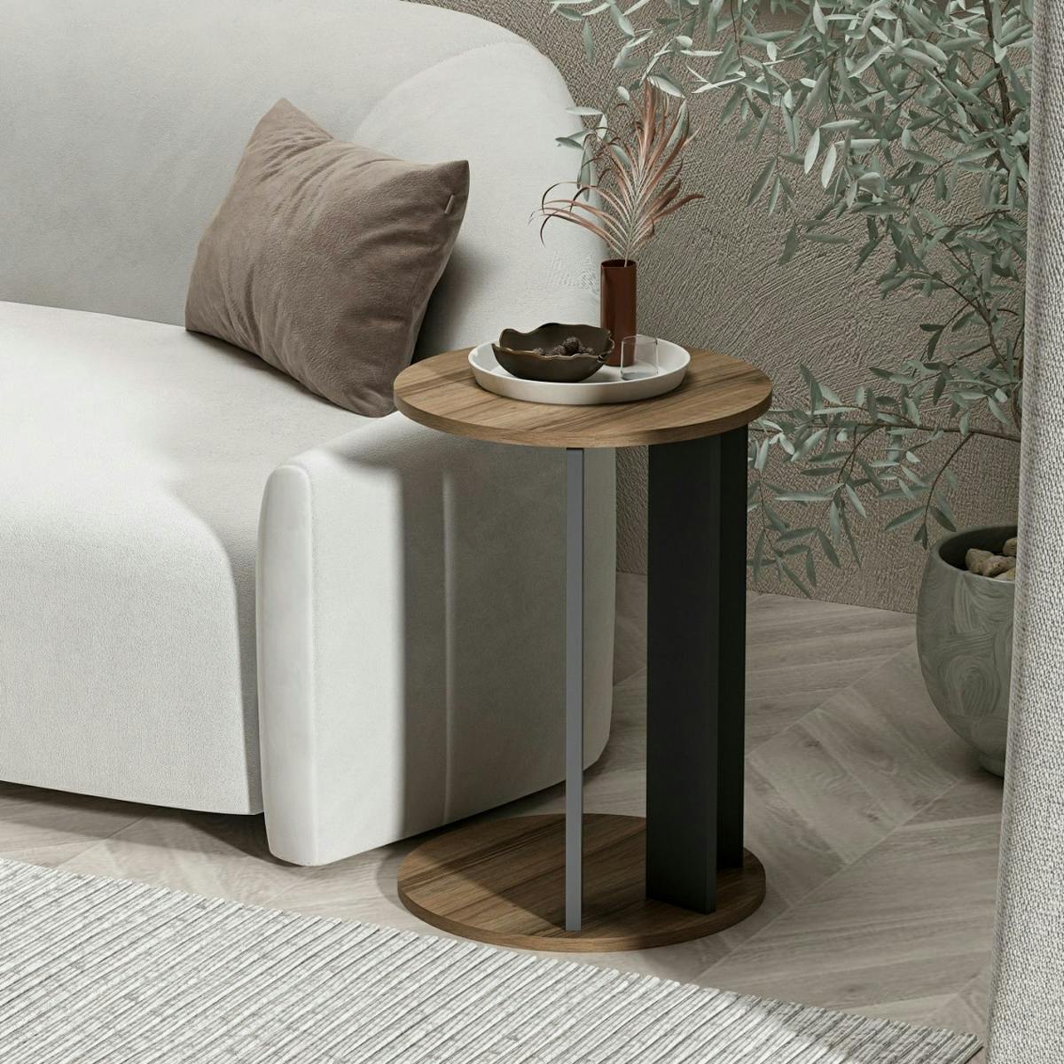 Bout de canapé rond décor bois foncé pied métal MARFA marron, PIER IMPORT
