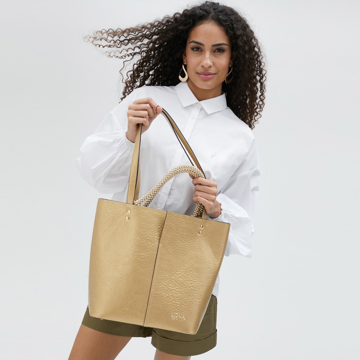 Sac cabas avec anse à effet bijou doré, LOLA CASADEMUNT