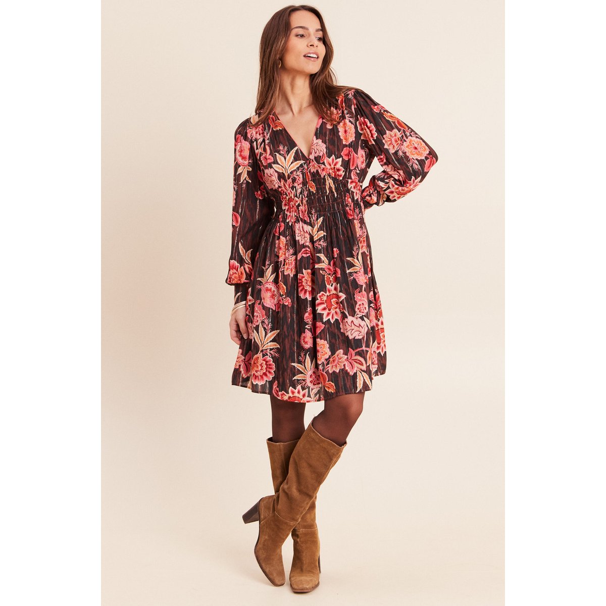 Robe courte évasée col v manches longues marron, BREAL