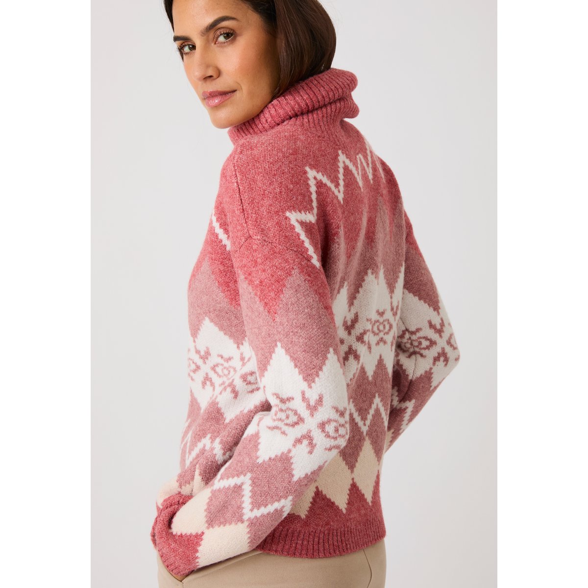 Pull jacquard col roulé Thermolactyl rose jacquard, DAMART