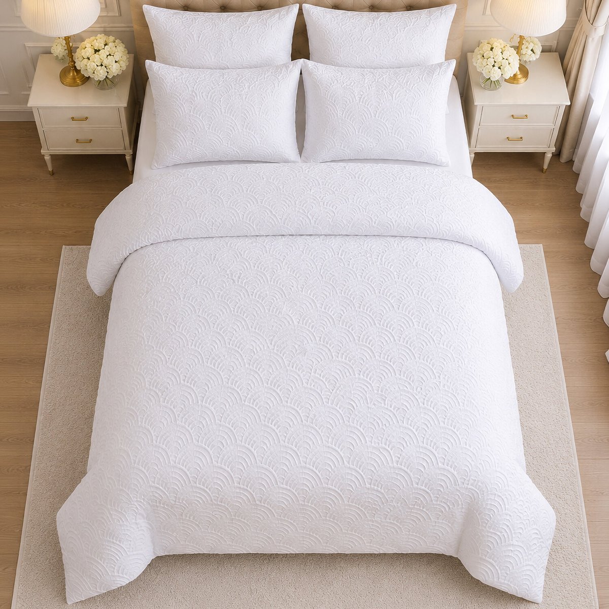 Parure de lit microfibre jacquard effet éventails blanc, TILA blanc, C DESIGN HOME TEXTILE