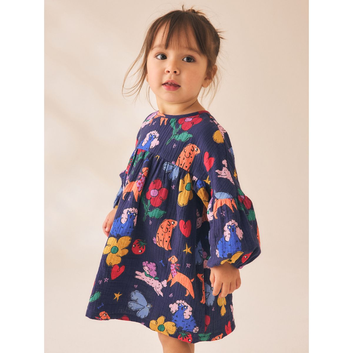 Robe imprimée à manches longues imprimé chien bleu marine, NEXT