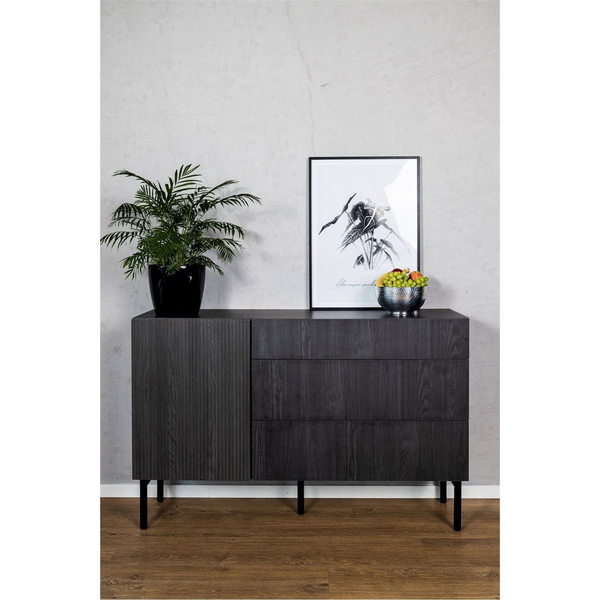 Commode japandi avec porte et 3 tiroirs noir, RECOLLECTION