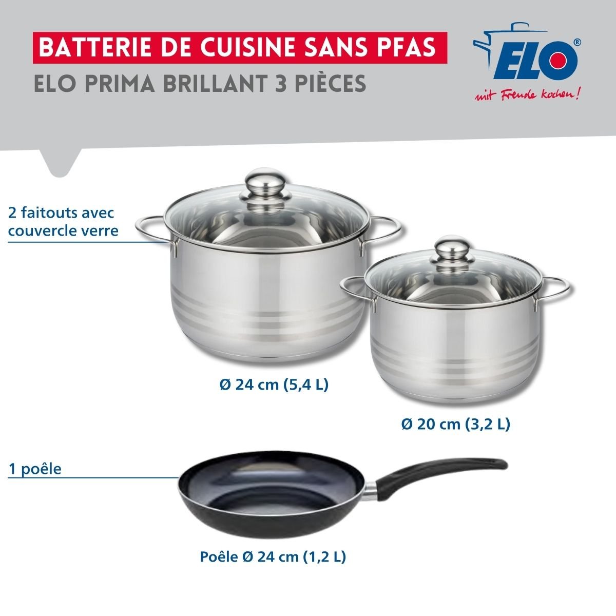Batterie 1 poêle 24cm + 2 faitouts 20/24cm PRIMA BRILLANT noir, ELO