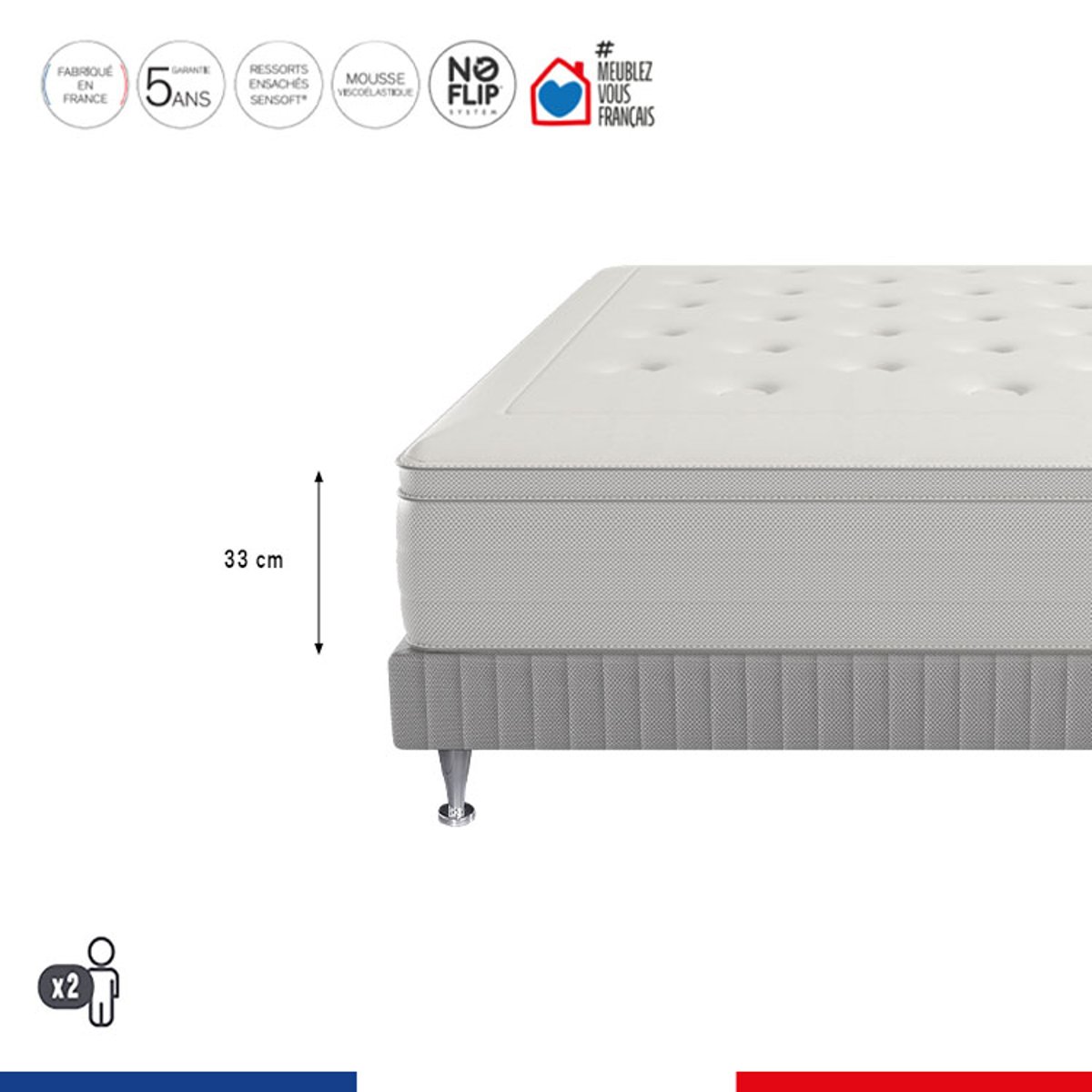 Ens REFLEXION 140x190 matelas H33 Hybride, ferme, sommier blanc, SIMMONS