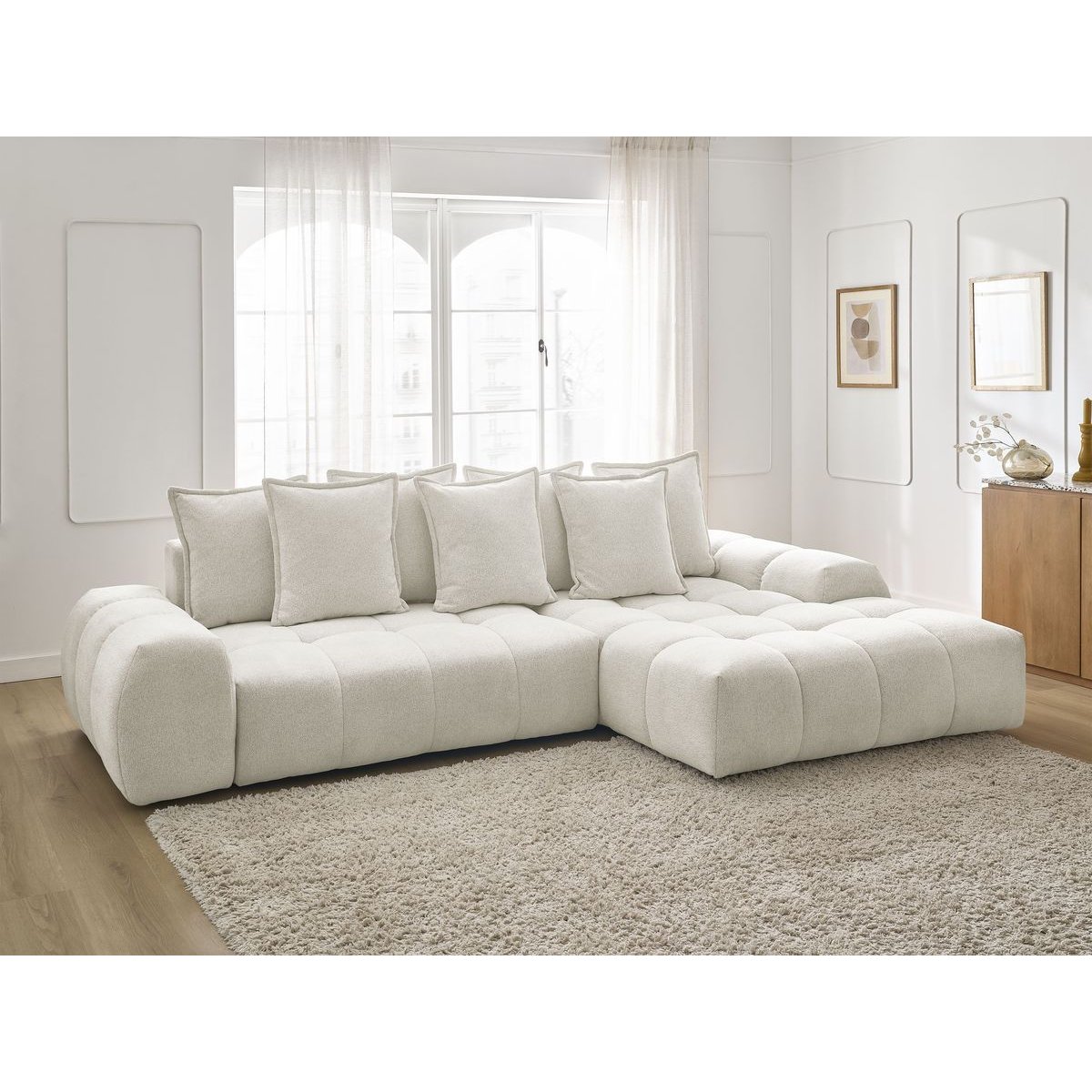 Canapé d'angle convertible 3 places en tissu chiné, EVEREST blanc, BOBOCHIC