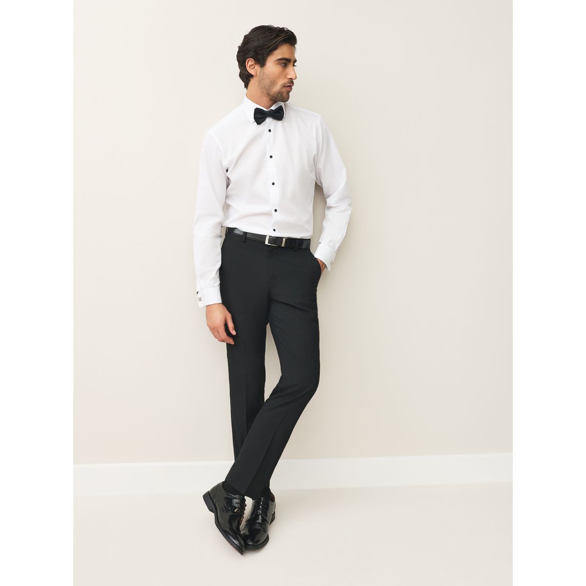 Chemise à poignet double et nœud papillon nœud papillon blanc texturé/noir, NEXT