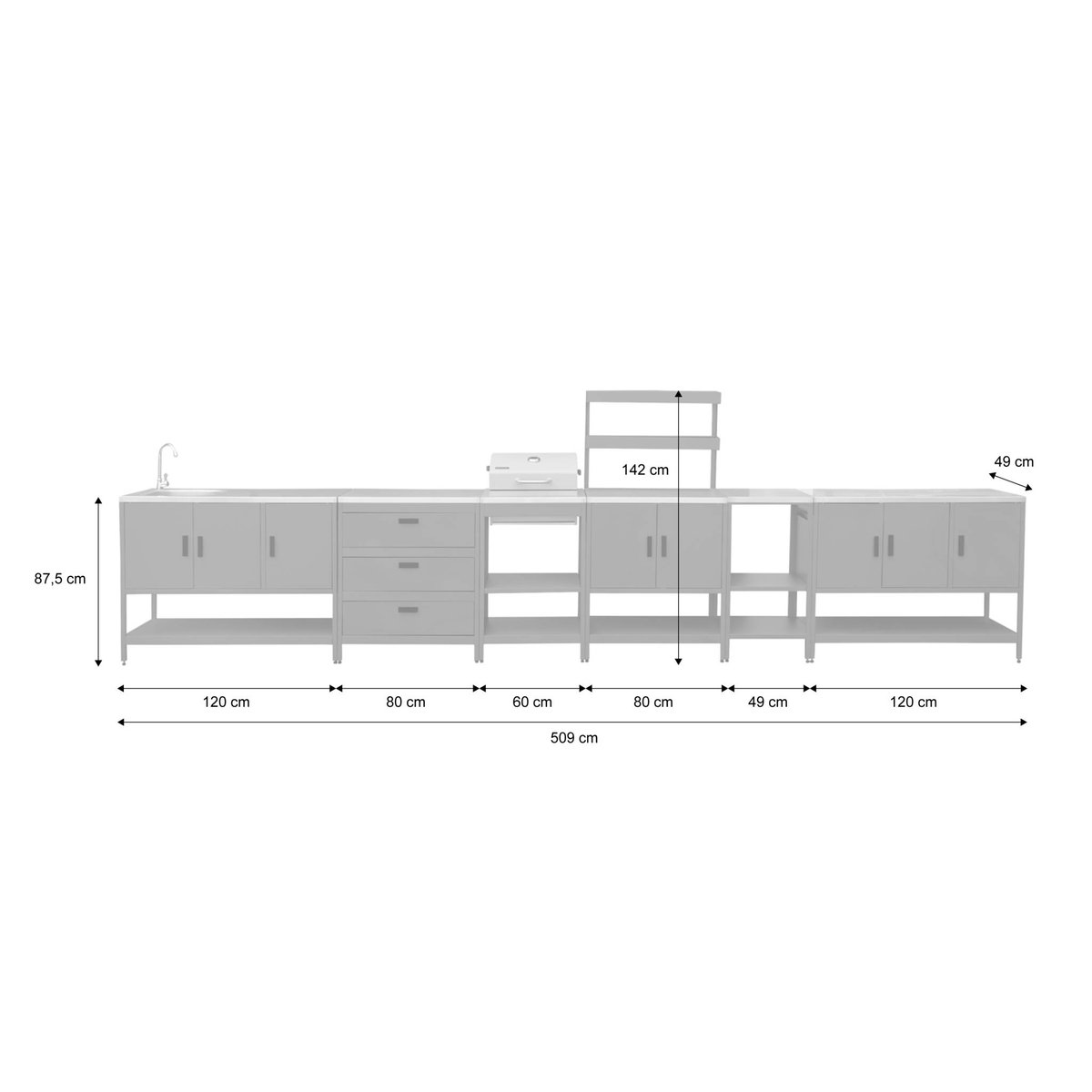 Cuisine d'extérieure 5 modules avec barbecue charbon de bois sur pieds, 2 étagères et thermomètre NAXOS BARBECUE CHARBON + 5 MODULES noir, SWEEEK