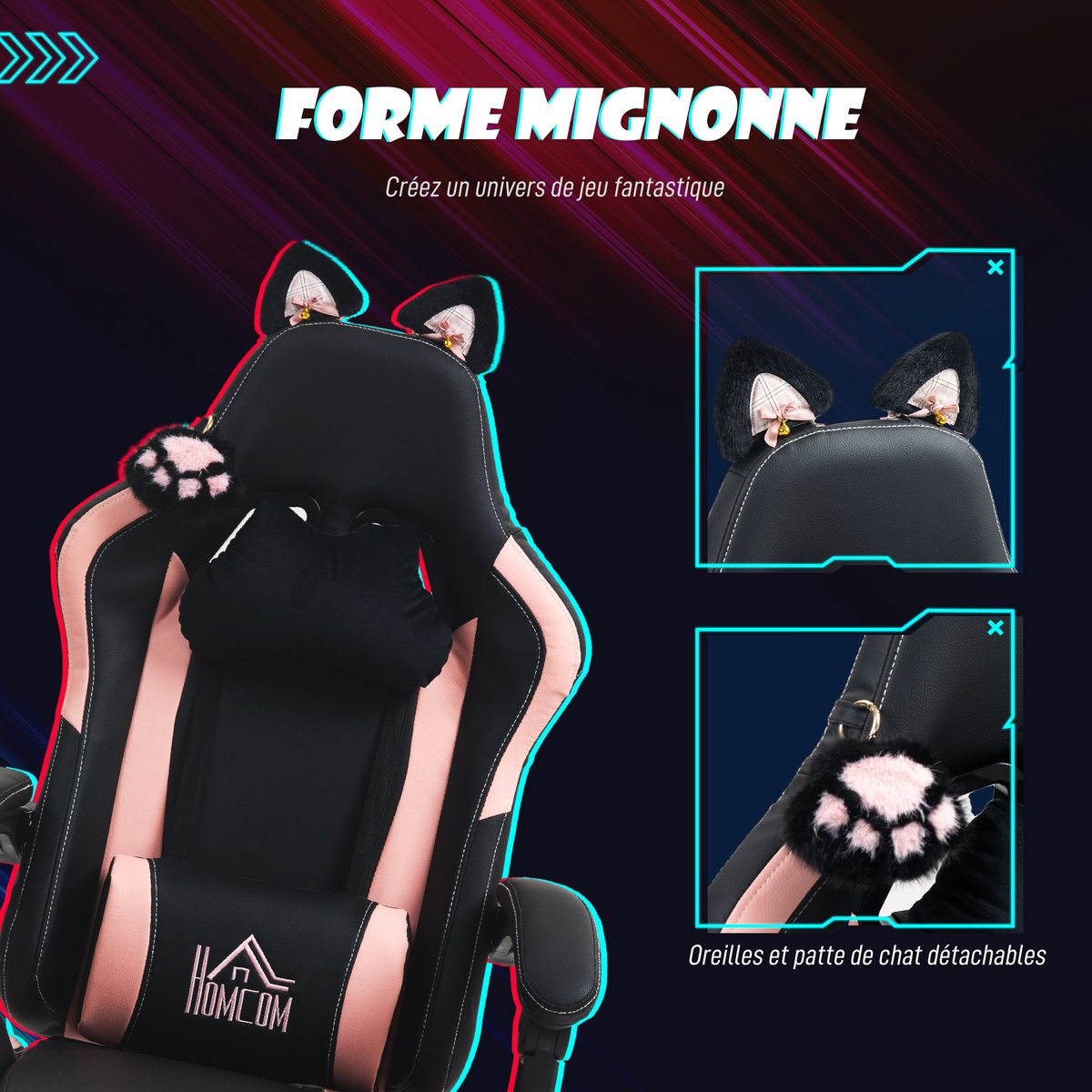 Fauteuil de gaming Plastique Noir noir et rose, HOMCOM