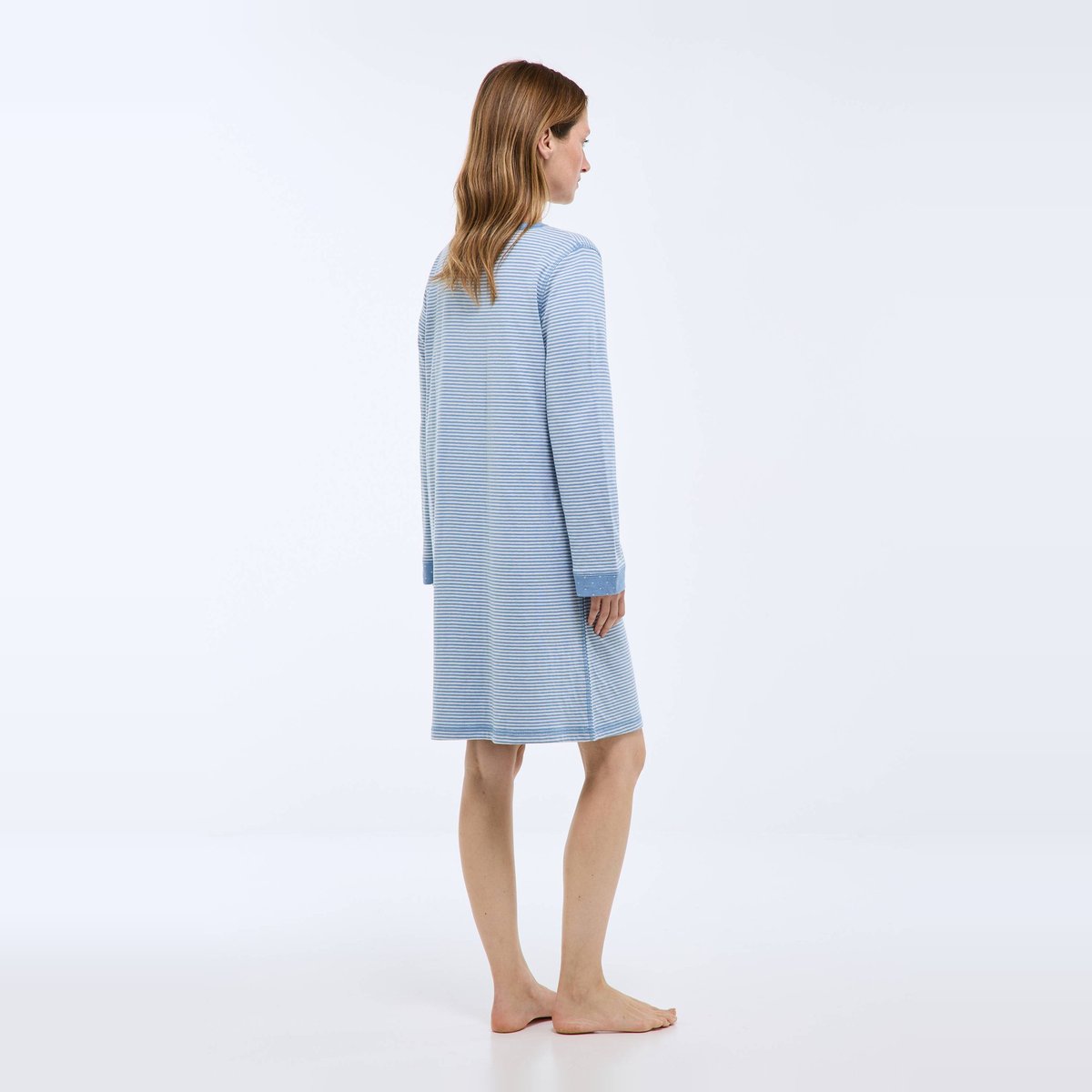 Chemise de nuit à pois et rayures en coton double face BIO blue denim, MONOPRIX
