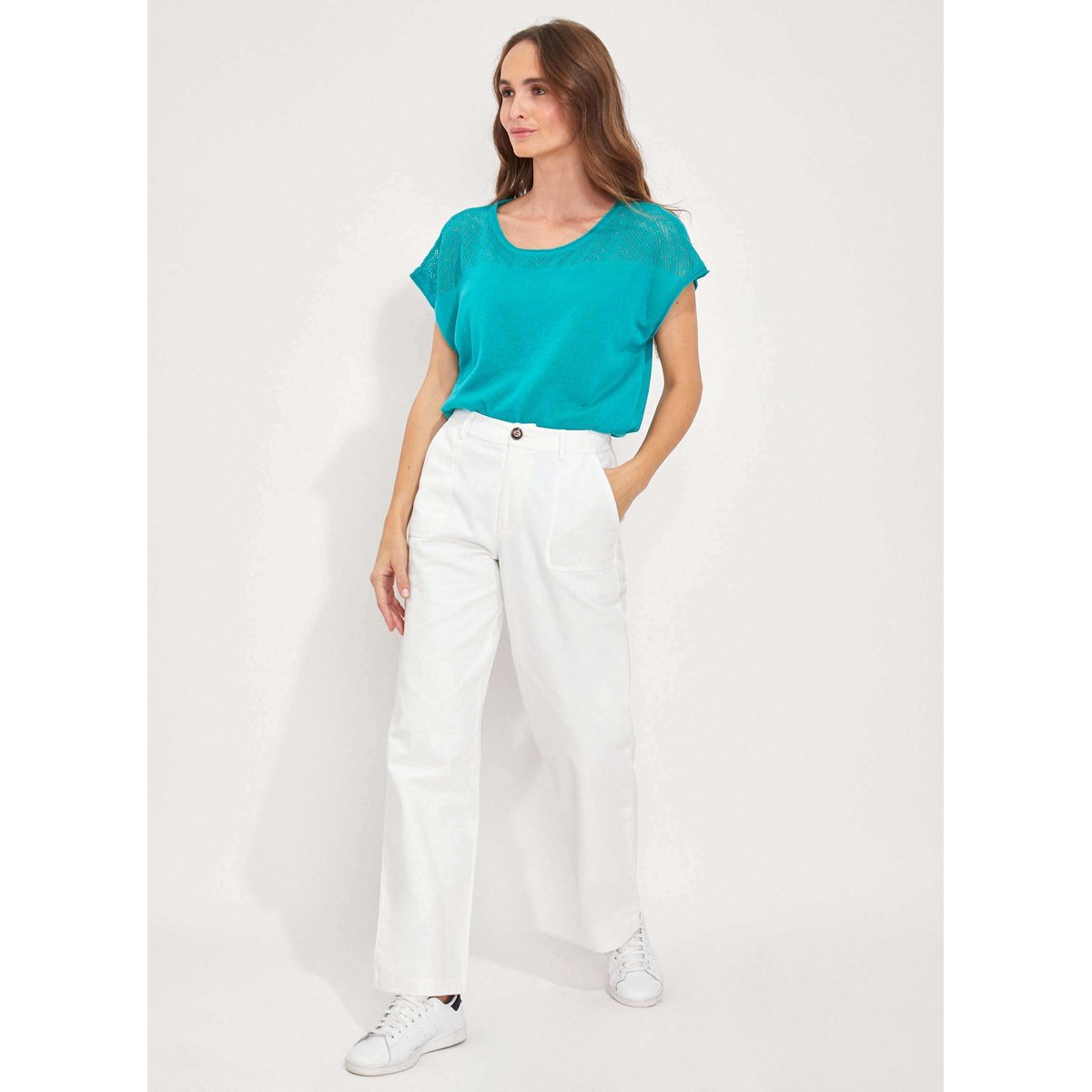 Top coton ajouré maille MANTRAS bleu turquoise, LA FIANCÉE