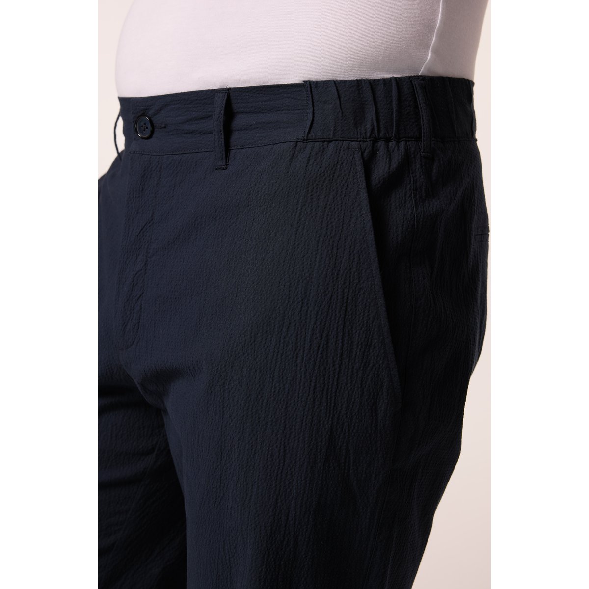 Bermuda en seersucker, taille élastique bleu marine, JP1880