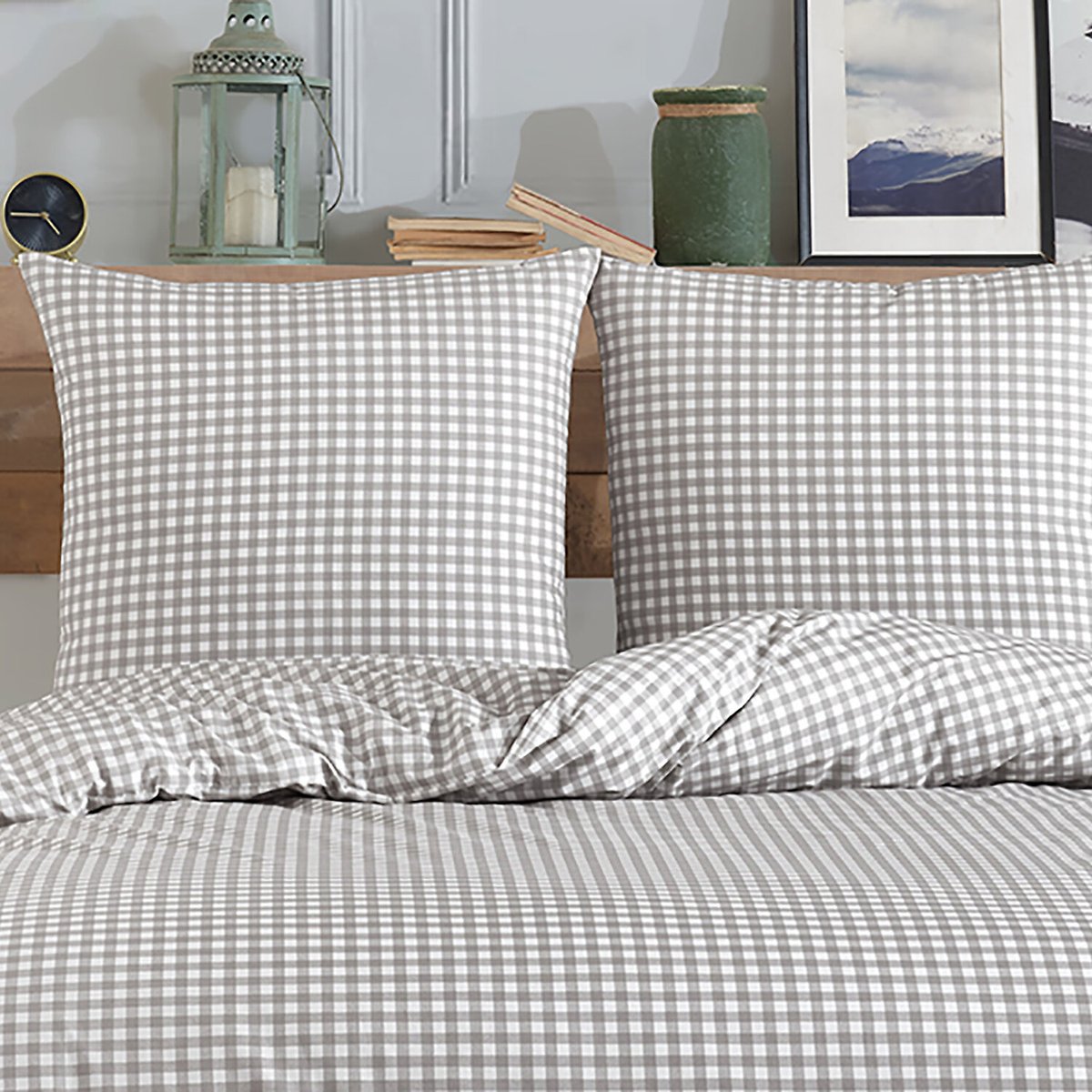 Parure Housse de couette 3 pcs 240x220 cm 100% coton 57 fils imprimé."Vichy gris" blanc / gris, C DESIGN HOME TEXTILE