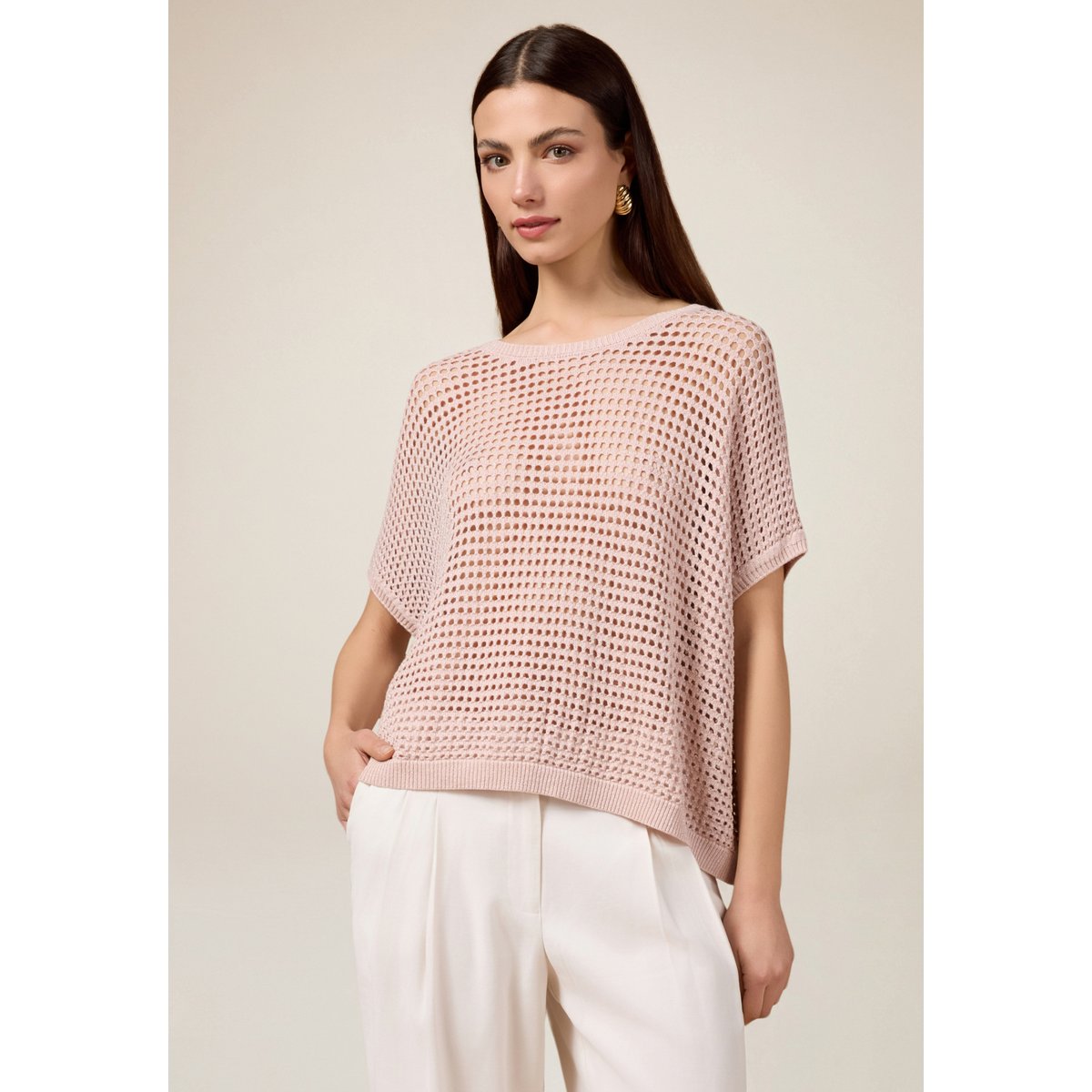 Pull en fil textile ajouré rose, OLTRE