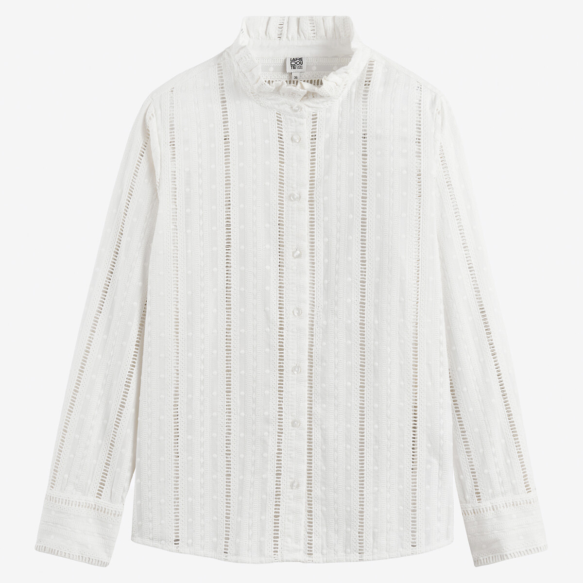 Embroidered Openwork Shirt with Ruffled Collar ecru , LA REDOUTE COLLECTIONS