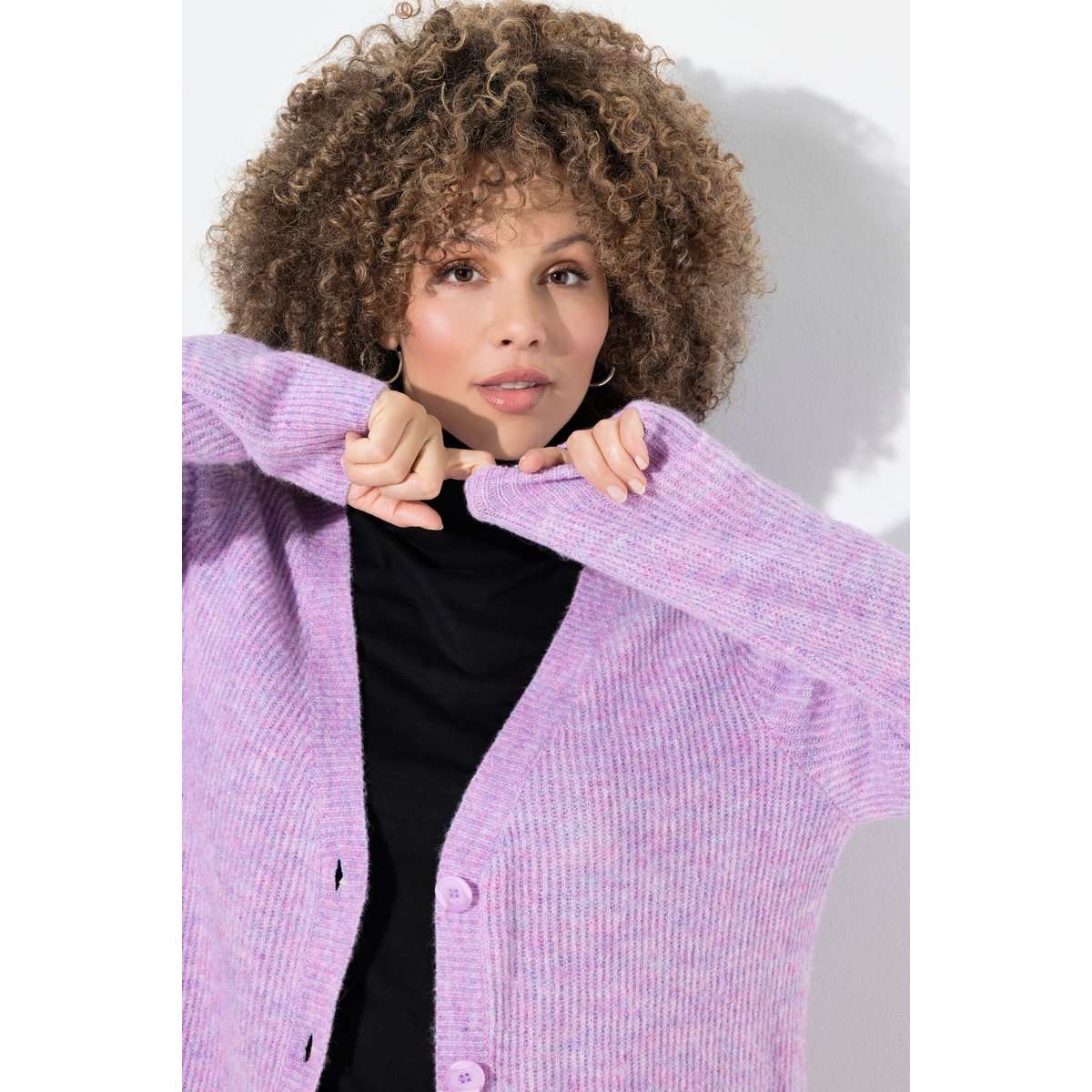 Cardigan long en maille côtelée, col en V prune clair, ULLA POPKEN