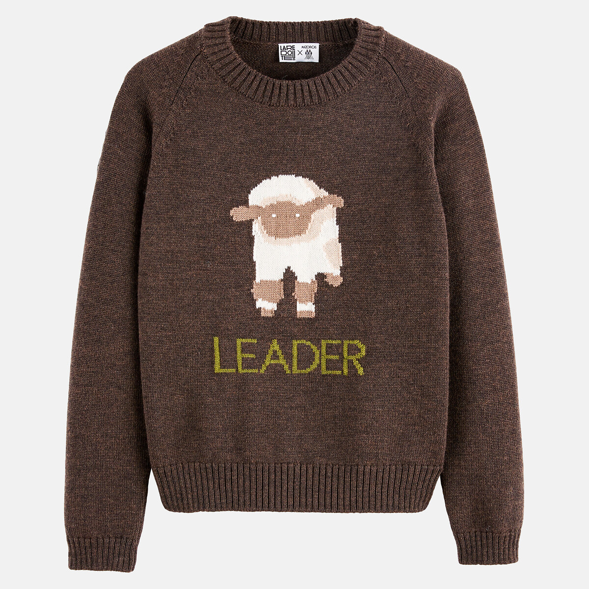 Pull, col rond, motif mouton en intarsia, en laine mérinos marron, LA REDOUTE X MAZORCAS