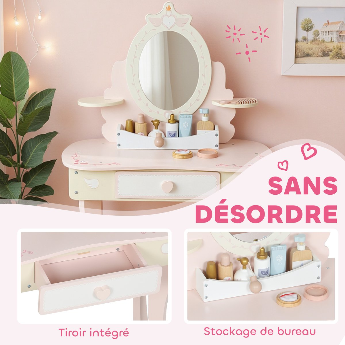 Ensemble de jeu « Coiffeuse pour enfants » rose avec motif cœur et ailes, AIYAPLAY