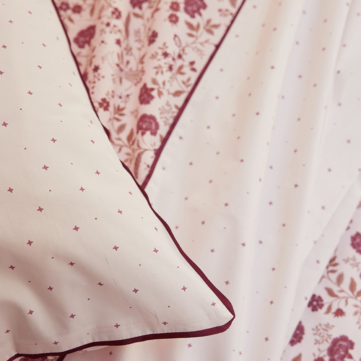 Parure de lit imprimée en percale de coton, taies rectangles, ORIENTAL GARDEN rose clair, ESSIX