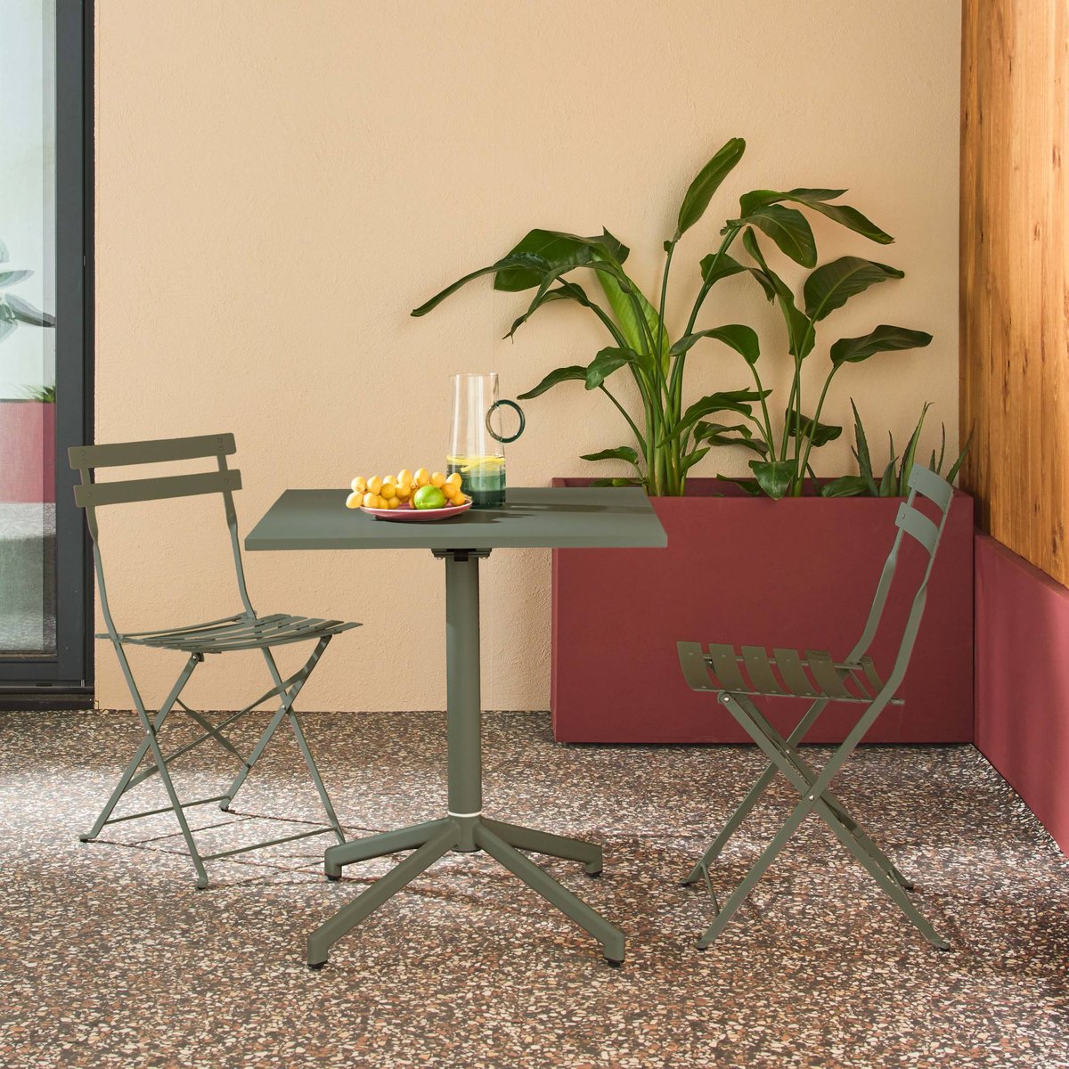 Table de jardin bistrot pliante métal + 2 assises EMILIA + CHIARA vert de gris, SWEEEK