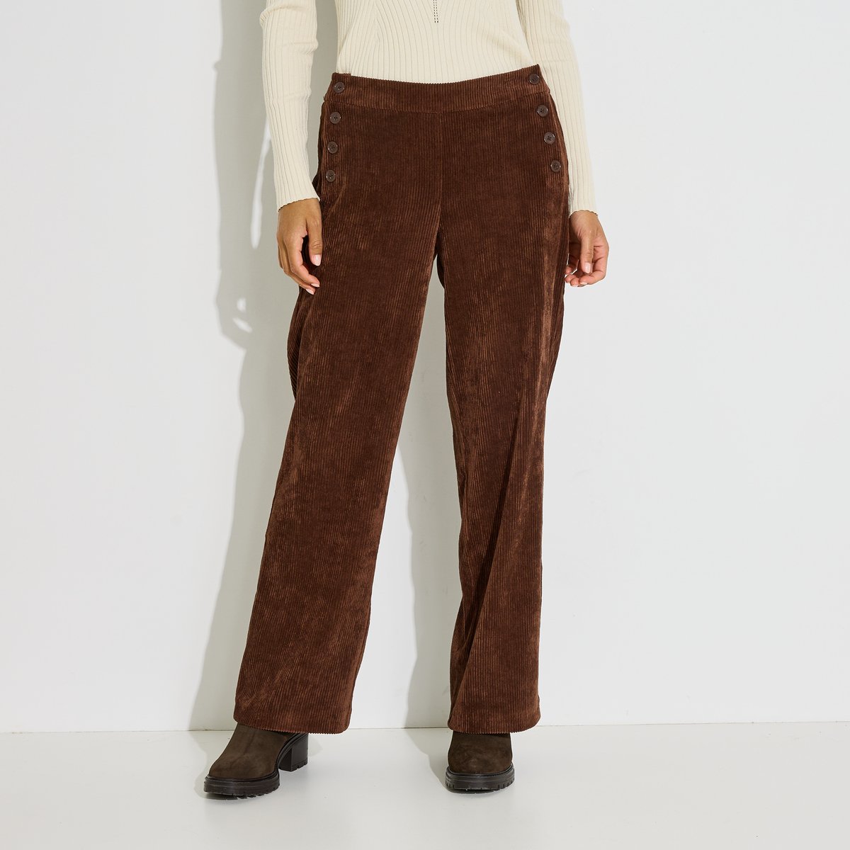 Pantalon droit à pont en velours marron, GRAIN DE MALICE