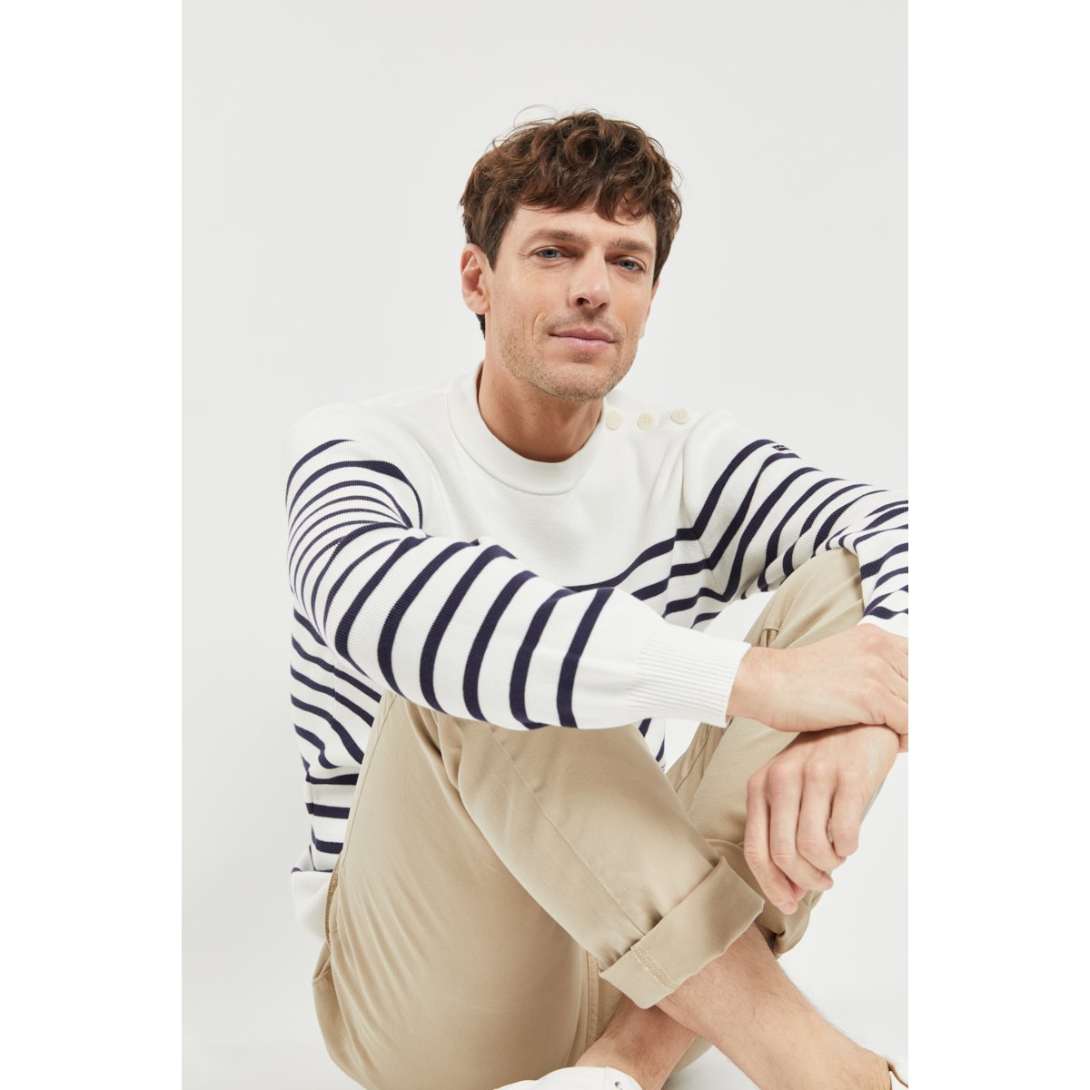 Pull marin rayé en coton GROIX milk/navire, ARMOR-LUX