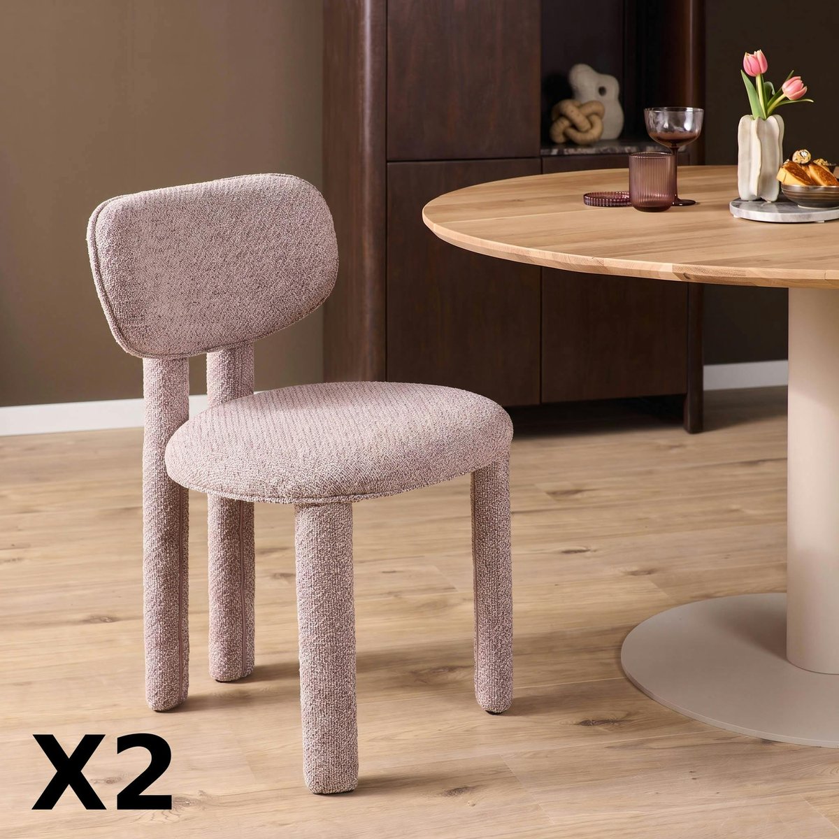 Chaise en tissu à pieds ronds (lot de 2) CORTINA rose, PIER IMPORT