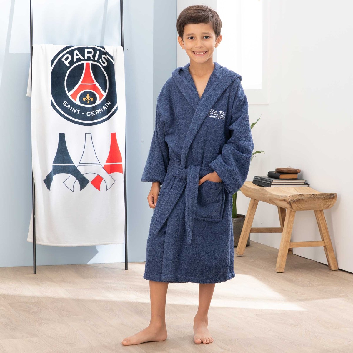 Peignoir enfant brodé 100% coton, Paris Saint Germain PARISIAN bleu, PSG
