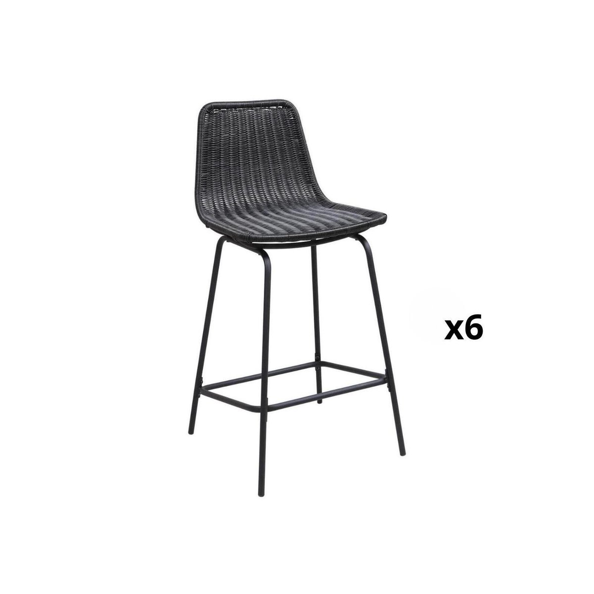 Lot de tabourets d'ilot et bar en métal et assise en rotin 65cm BALI|Lot de 6 | Lot de 6 noir, MOB IN