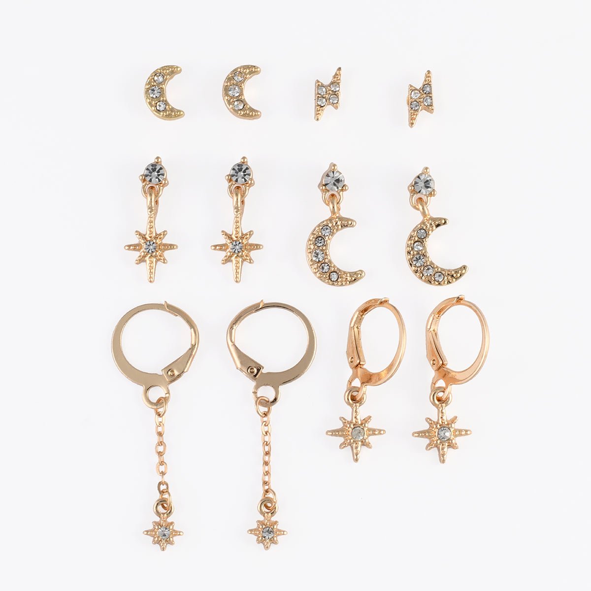 Set x6 paires de boucles d'oreilles lunes et étoiles doré, BALABOOSTE