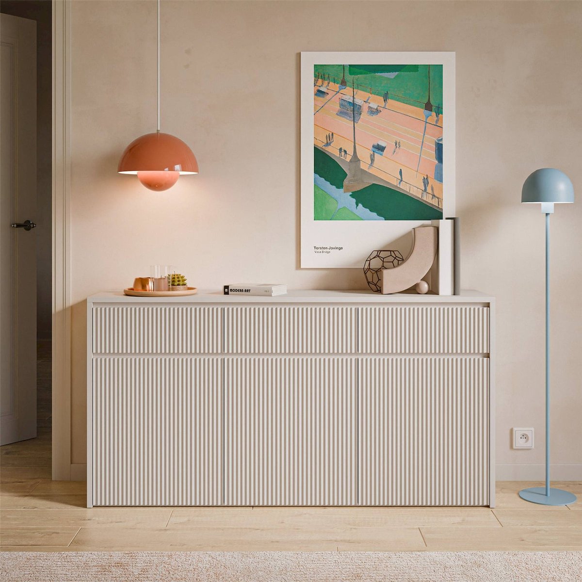 Buffet 3 portes strié collection VEMMI cachemire, RECOLLECTION