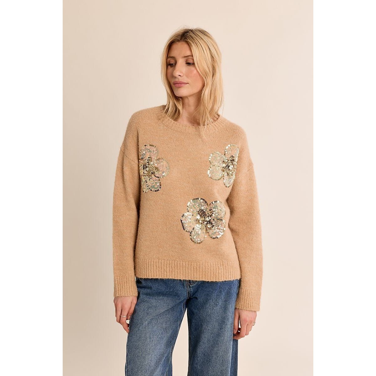 Trui met ronde hals en zecchinomotieven beige   , MOLLY BRACKEN